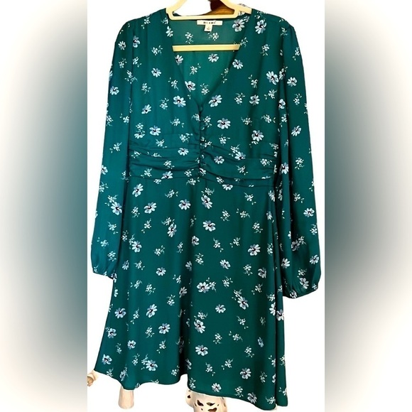 MIAMI Turquoise/Blue/White Floral Gathered Waist Button Up Dress, Sz Large, GUC. - Picture 1 of 8